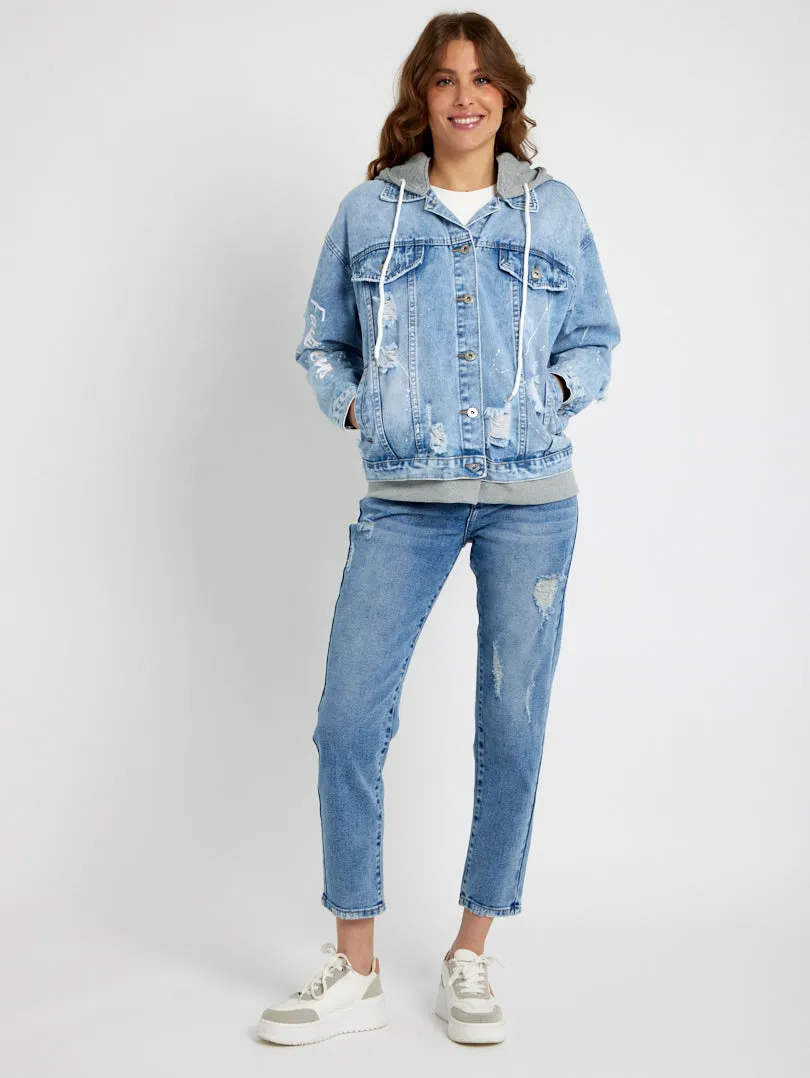 Blouson en jean bleu à capuche