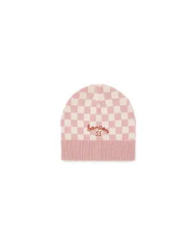 Bonnet - damier rose en tricot jacquard