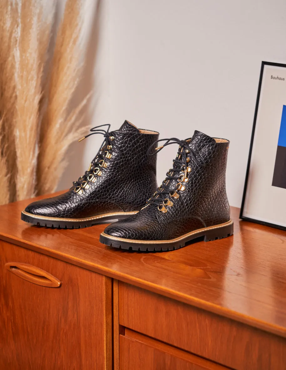 Bottines à lacets Alix - Cuir Croco Noir