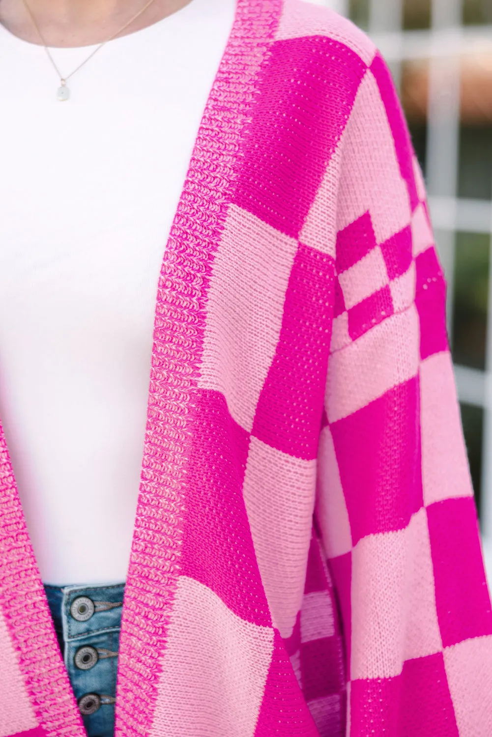 Cardigan ouvert sur le devant à bordure ctelée imprimé à carreaux rouge rose