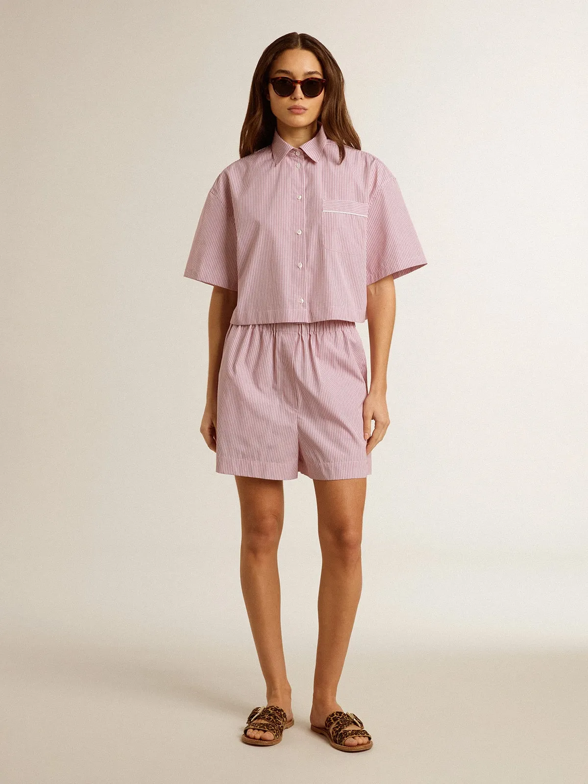 Chemise cropped femme en popeline de coton à rayures | Golden Goose