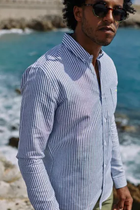 Chemise pour homme rayé bleu et blanc en lin et coton | GILI'S