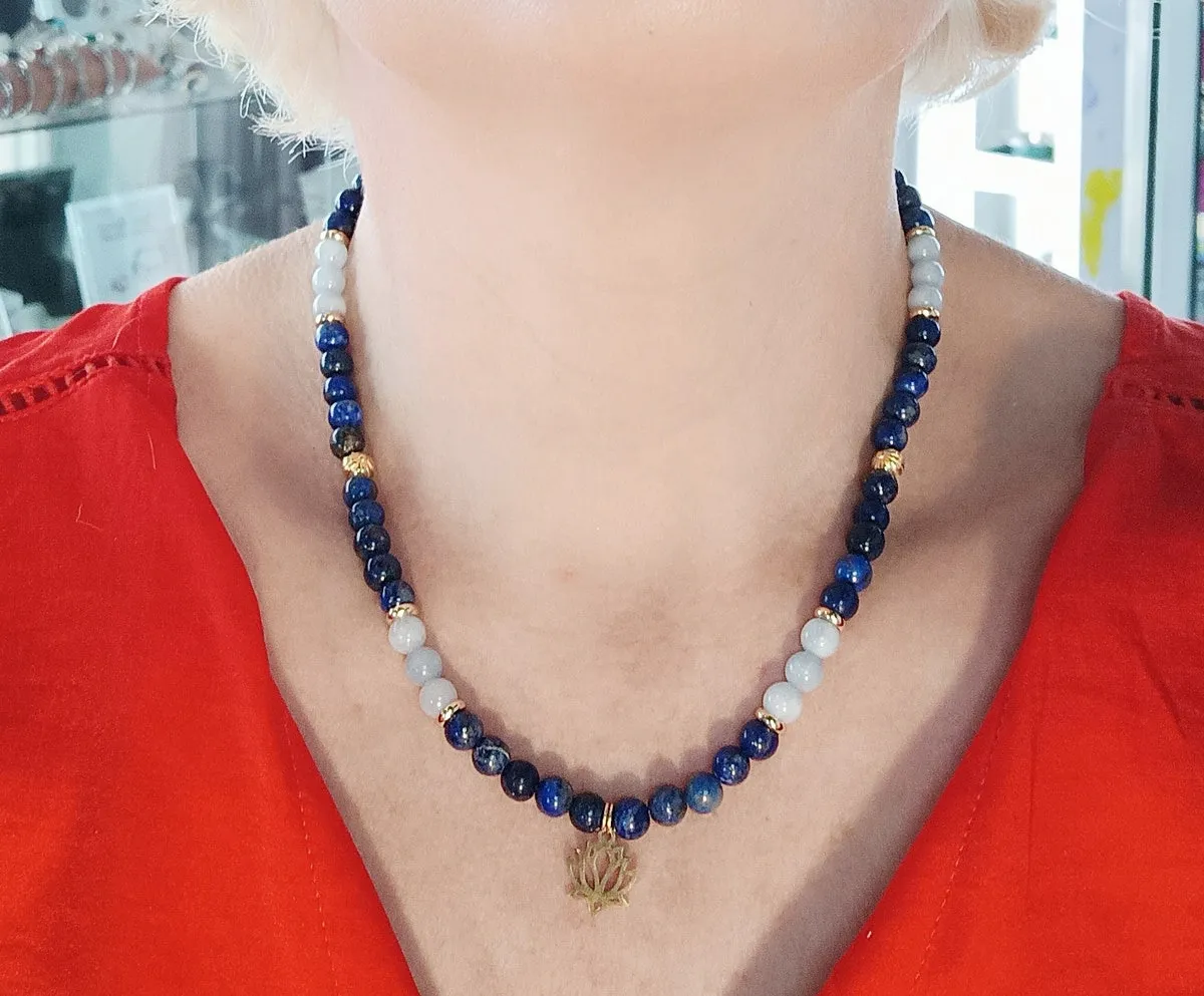 Collier Lapis Lazuli/aigue marine/doré lotus