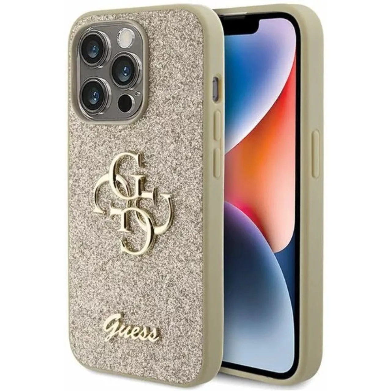 Guess Coque Fixe Paillettes 4G Logo Métal iPhone 15 Pro Max Or