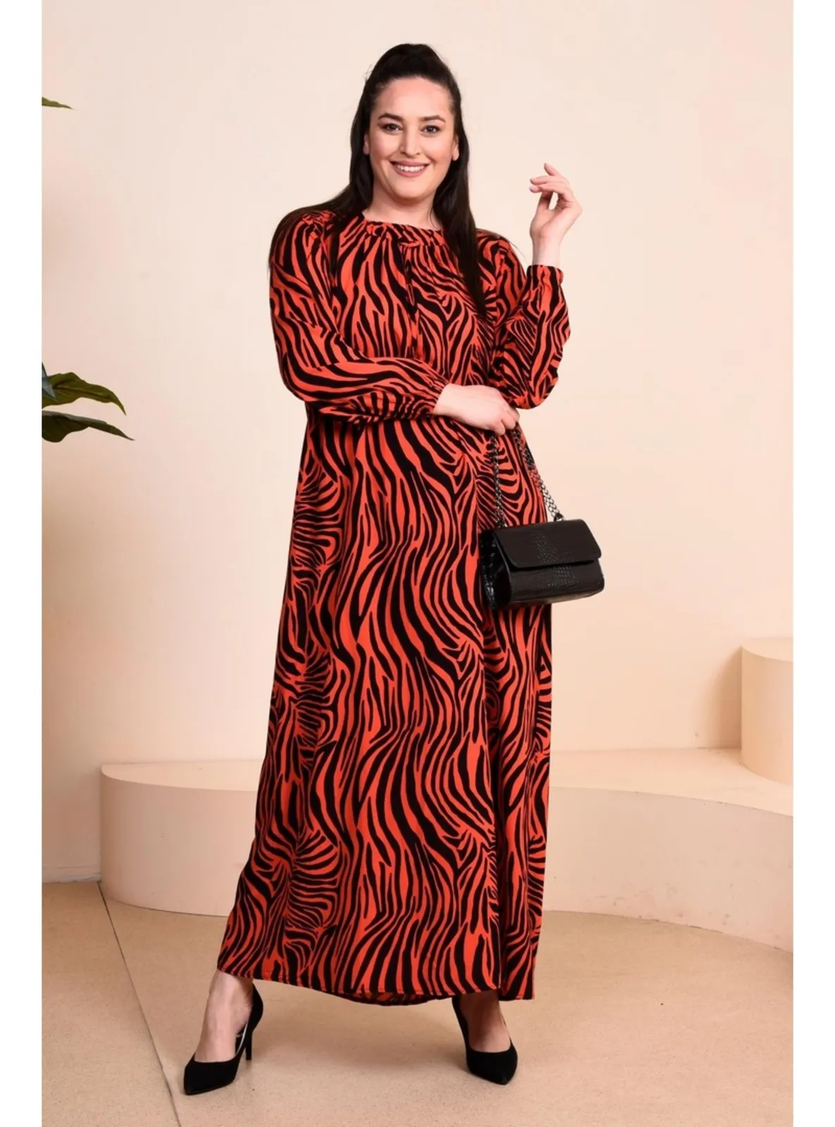 Orange - Floral - Unlined - Plus Size Dress