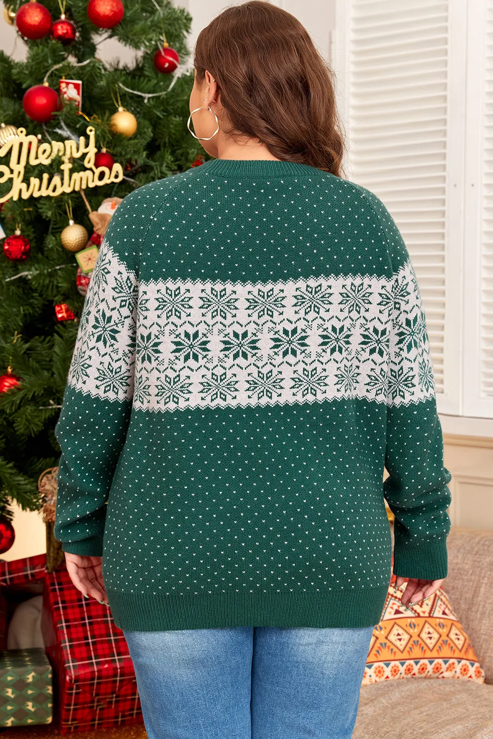 Pull de Nol vert à motif de flocon de neige et épaules tombantes, grande taille