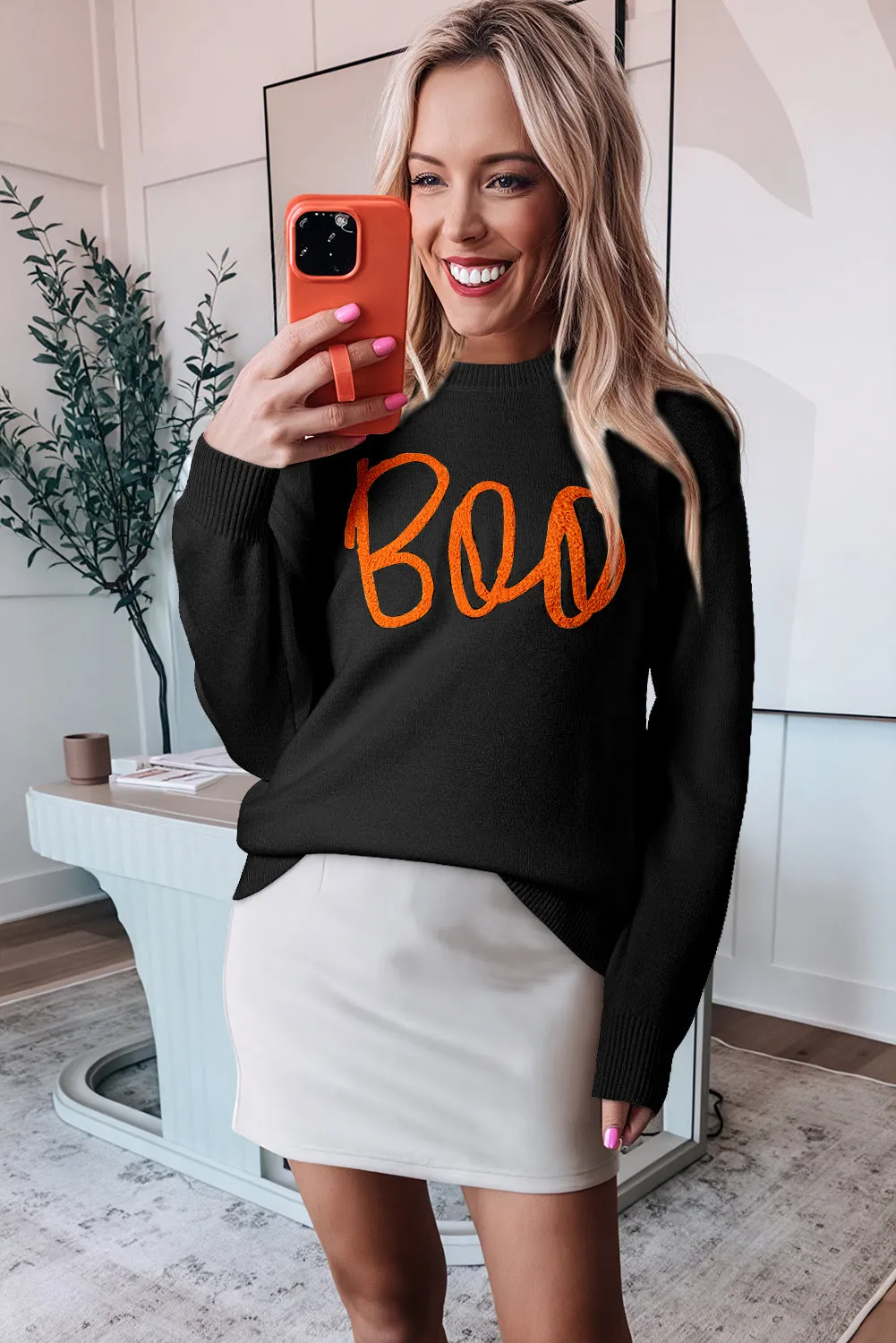 Pull noir à épaules tombantes et bords ctelés à motif tricoté Boo