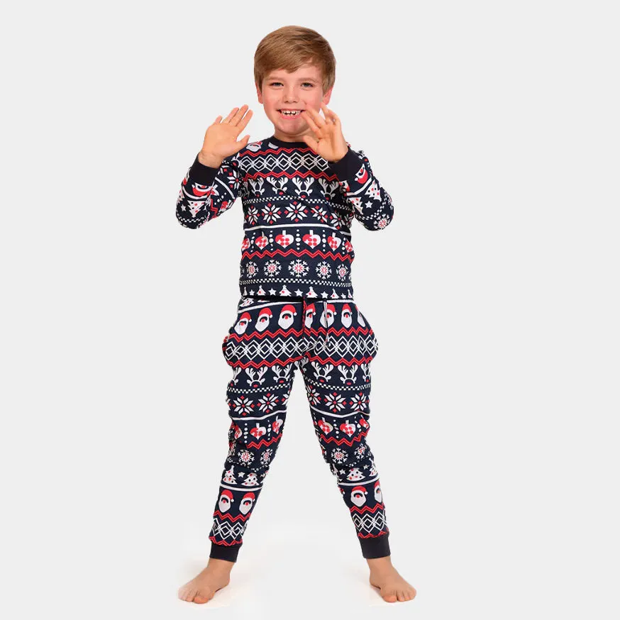 Pyjama de Nol pour Enfants Bleu avec Père Nol, Sapins et Curs