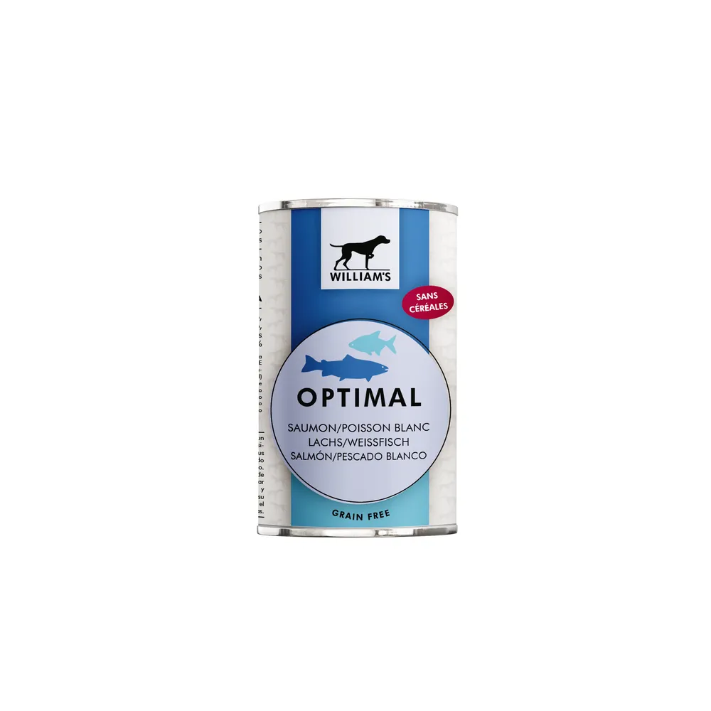 Pâtée sans céréales Optimal pour chien au saumon et poisson blanc 395g