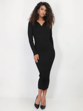 Robe pull longue à col chemise- Noir