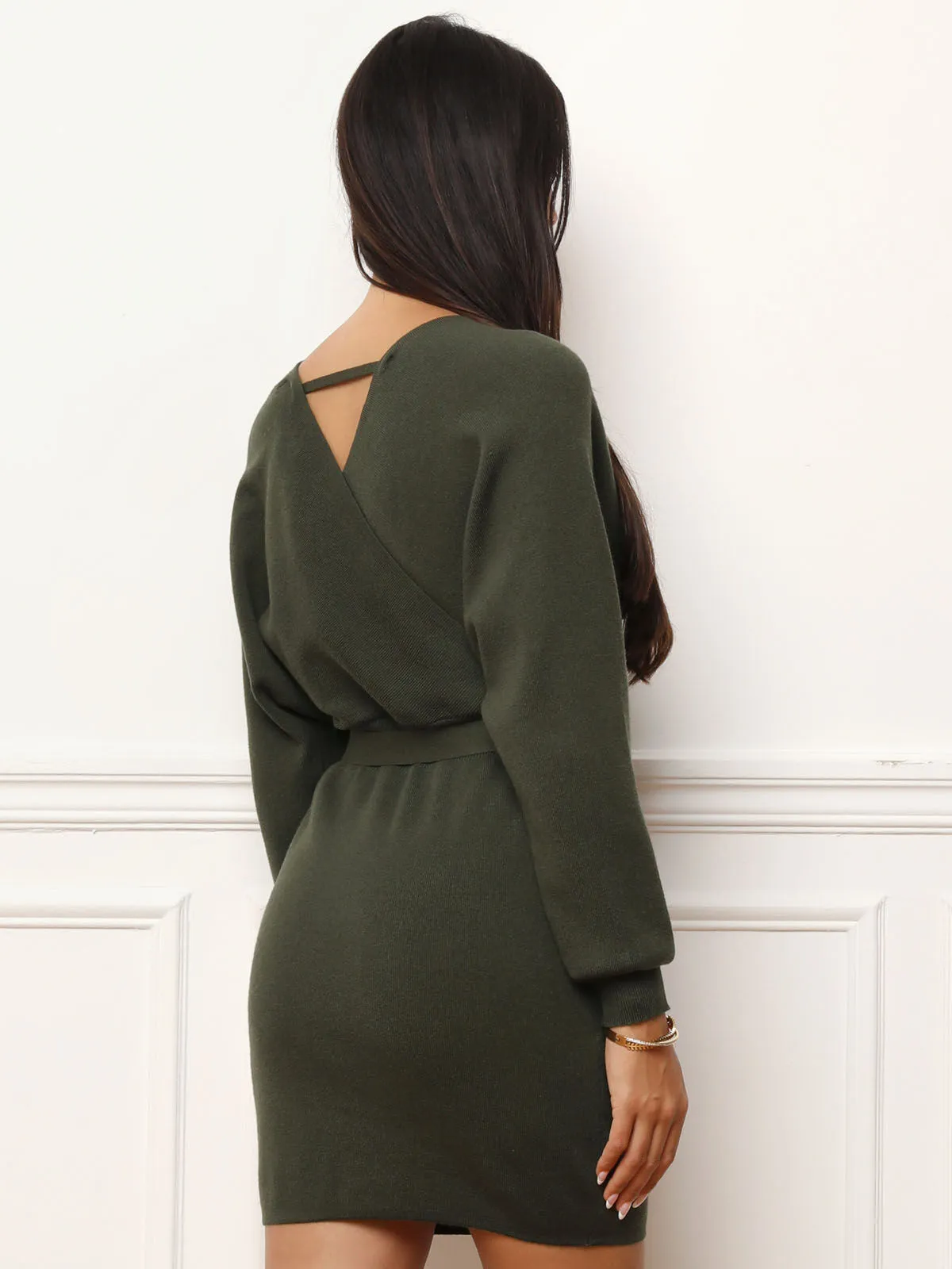 Robe pull moulante ceinturée- Kaki