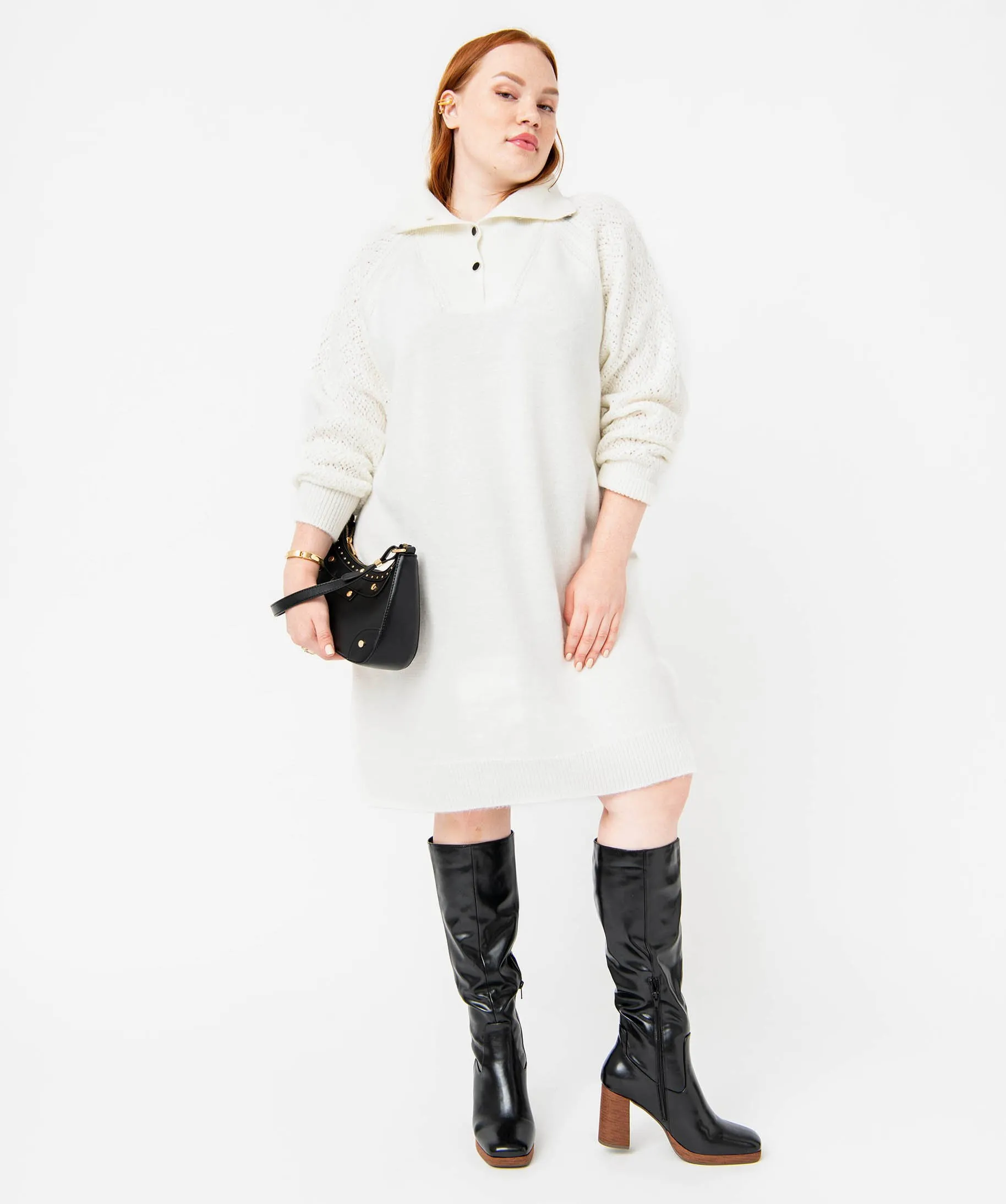 Robe pull à col montant boutonné femme grande taille ecru