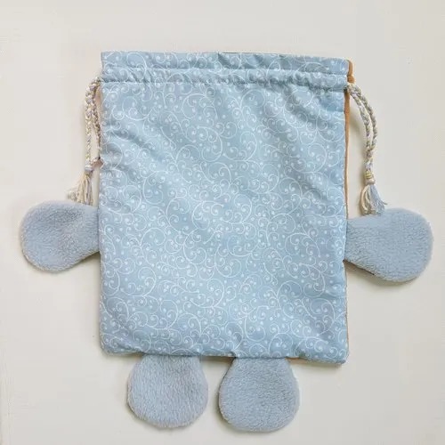 Sac à doudou, sac rigolo, sac à goûter, polaire et tissu, beige et bleu ciel, maternelle ou crèche, h : 31 cm
