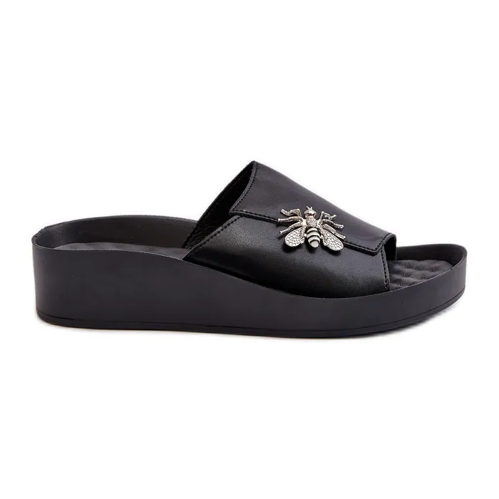 Tongs élégantes pour femmes avec décoration, cuir naturel S.Barski KV27-015 noir le noir